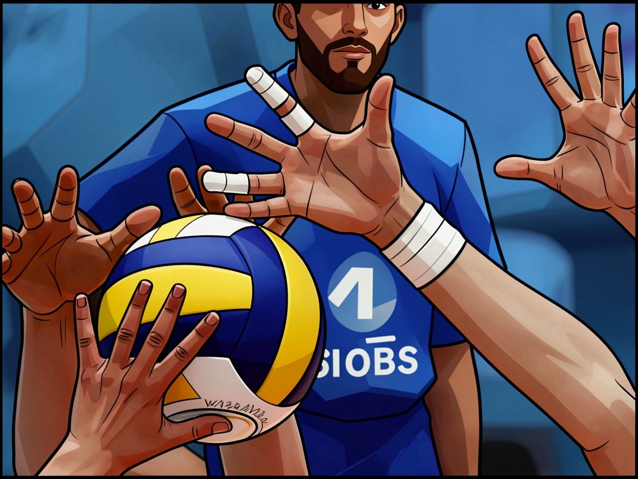 Volleyball player in blue with bandaged fingers prepares a pass