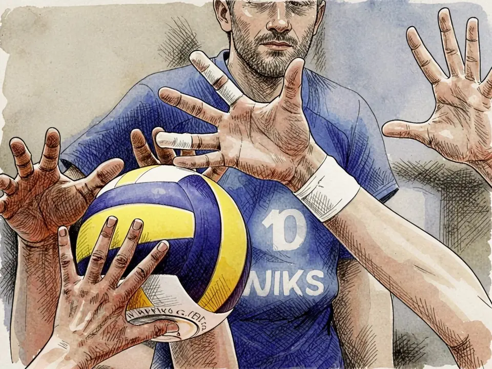 Volleyball player in blue jersey number 10 NIKS catches the ball amid opponents' hands
