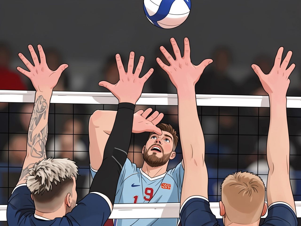 A volleyball player in light blue jersey number 19 jumps for the ball over the net while two opponents in dark kits block him