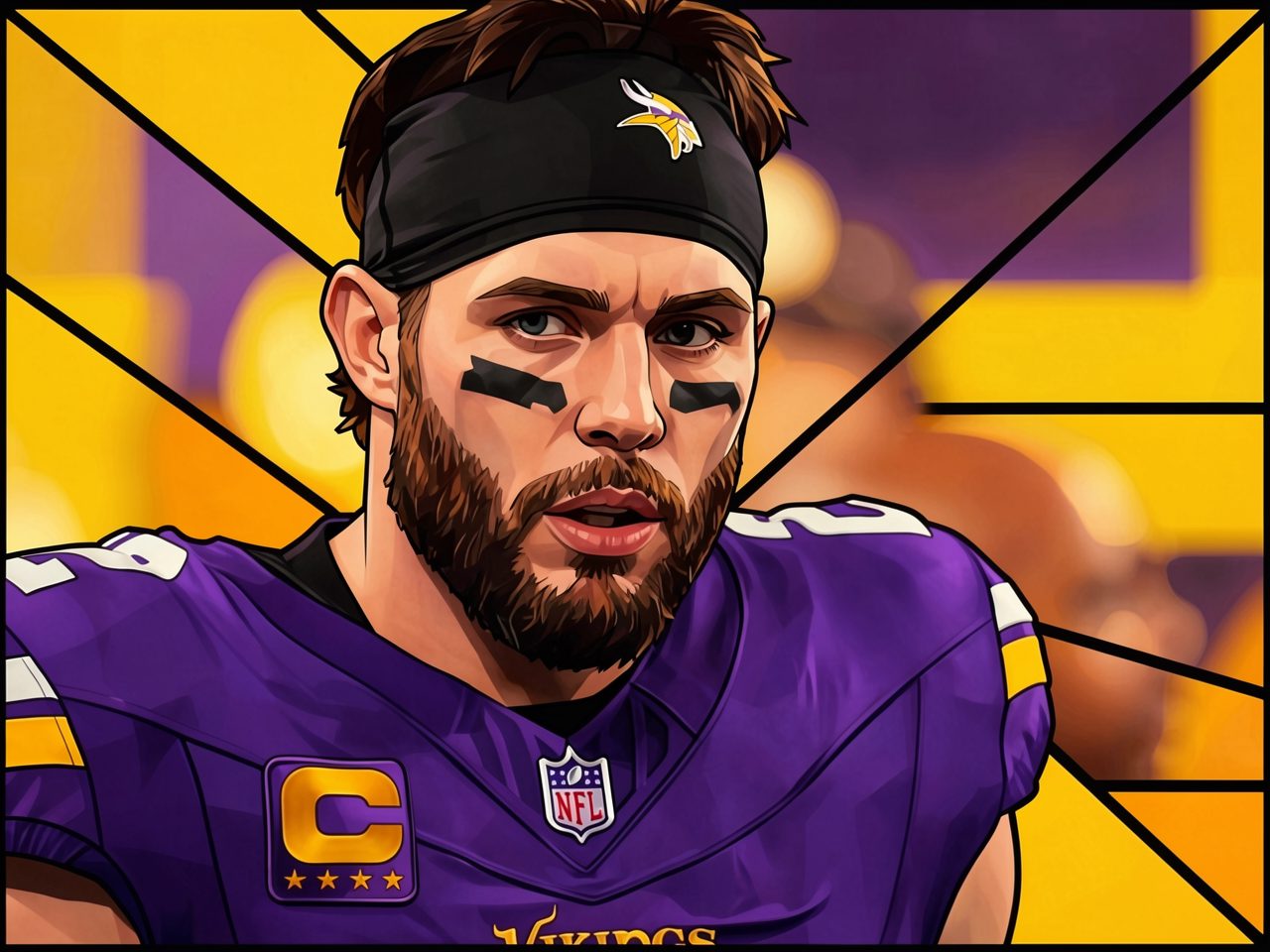 American football player in purple Vikings uniform with captain patch and headband