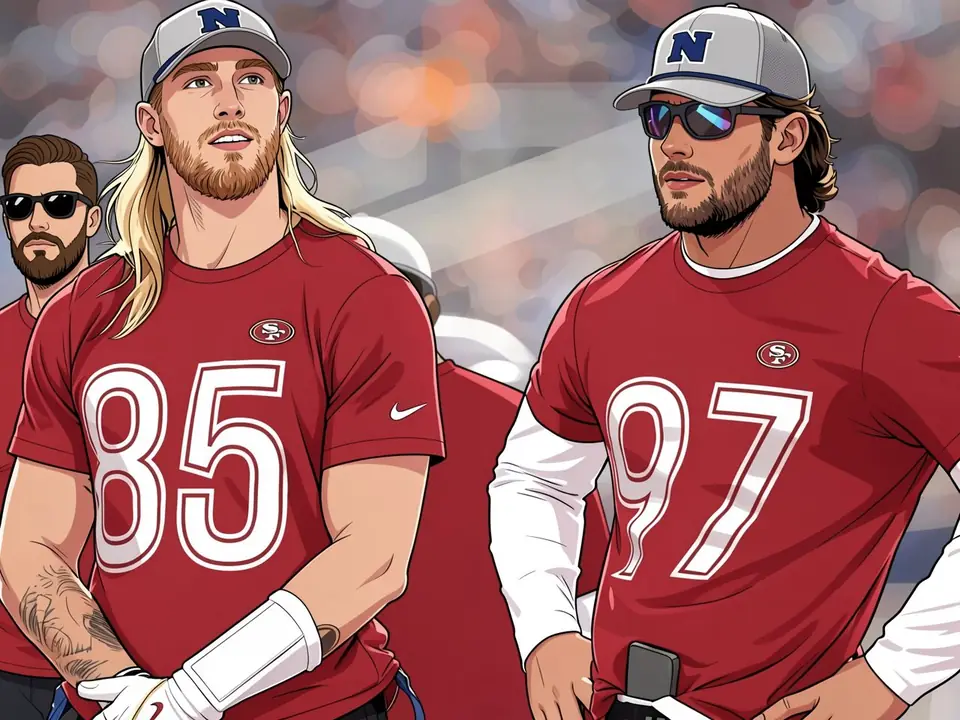 George Kittle (85) and Nick Bosa (97) in red San Francisco 49ers training shirts with SF logo at the stadium