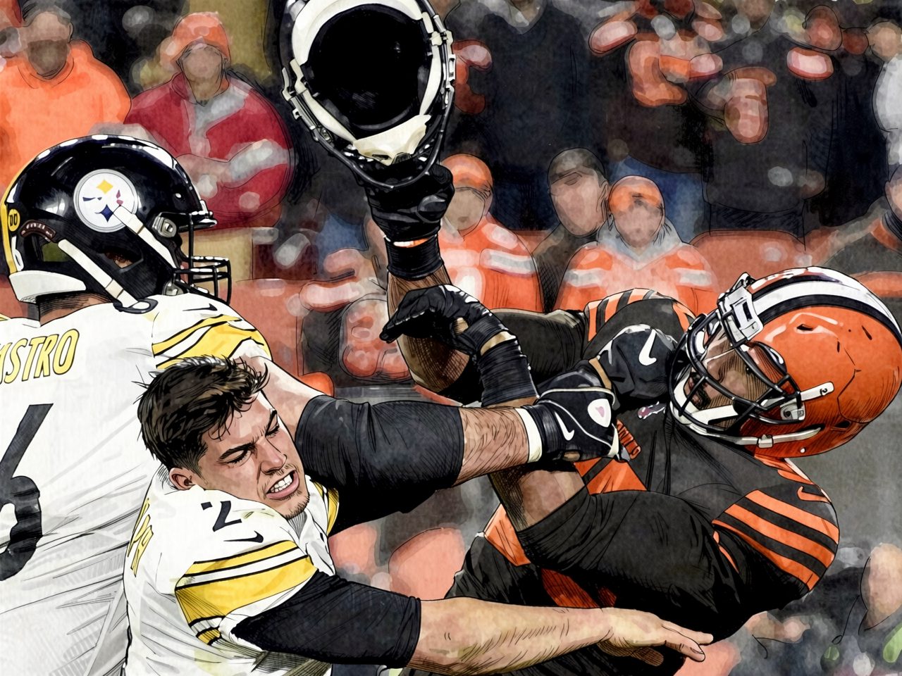 Quarterback in orange helmet falls while throwing the ball, pressured by players in white jerseys with yellow stripes
