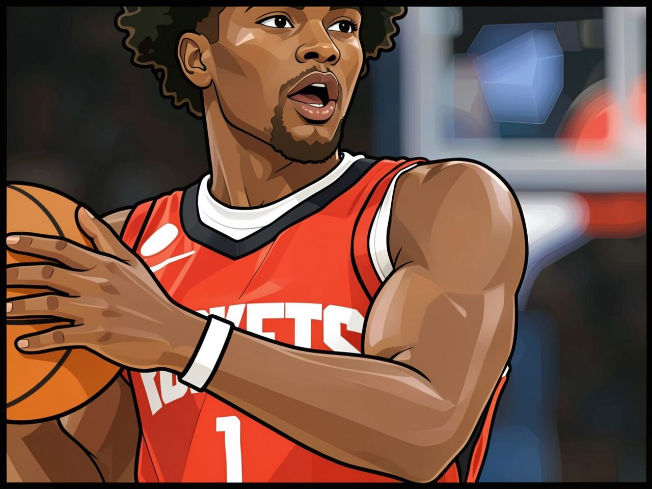 Basketball player in red Rockets jersey holds a ball looking up