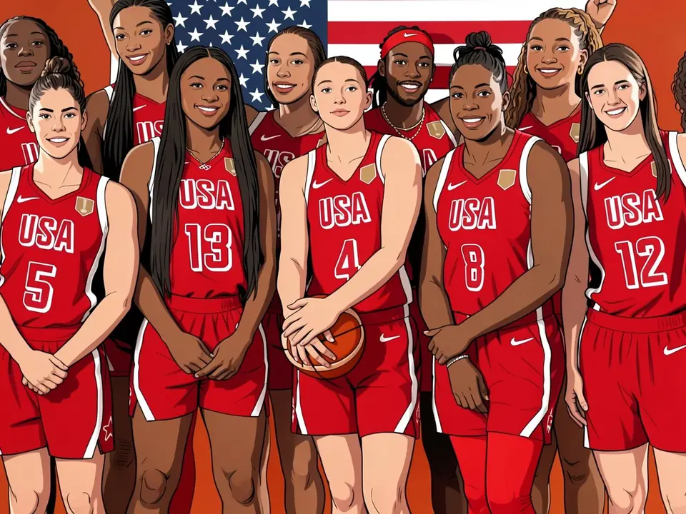 Das US-amerikanische Basketballteam in roten Trikots posiert vor der US-Flagge beim Weltmeisterschaft.