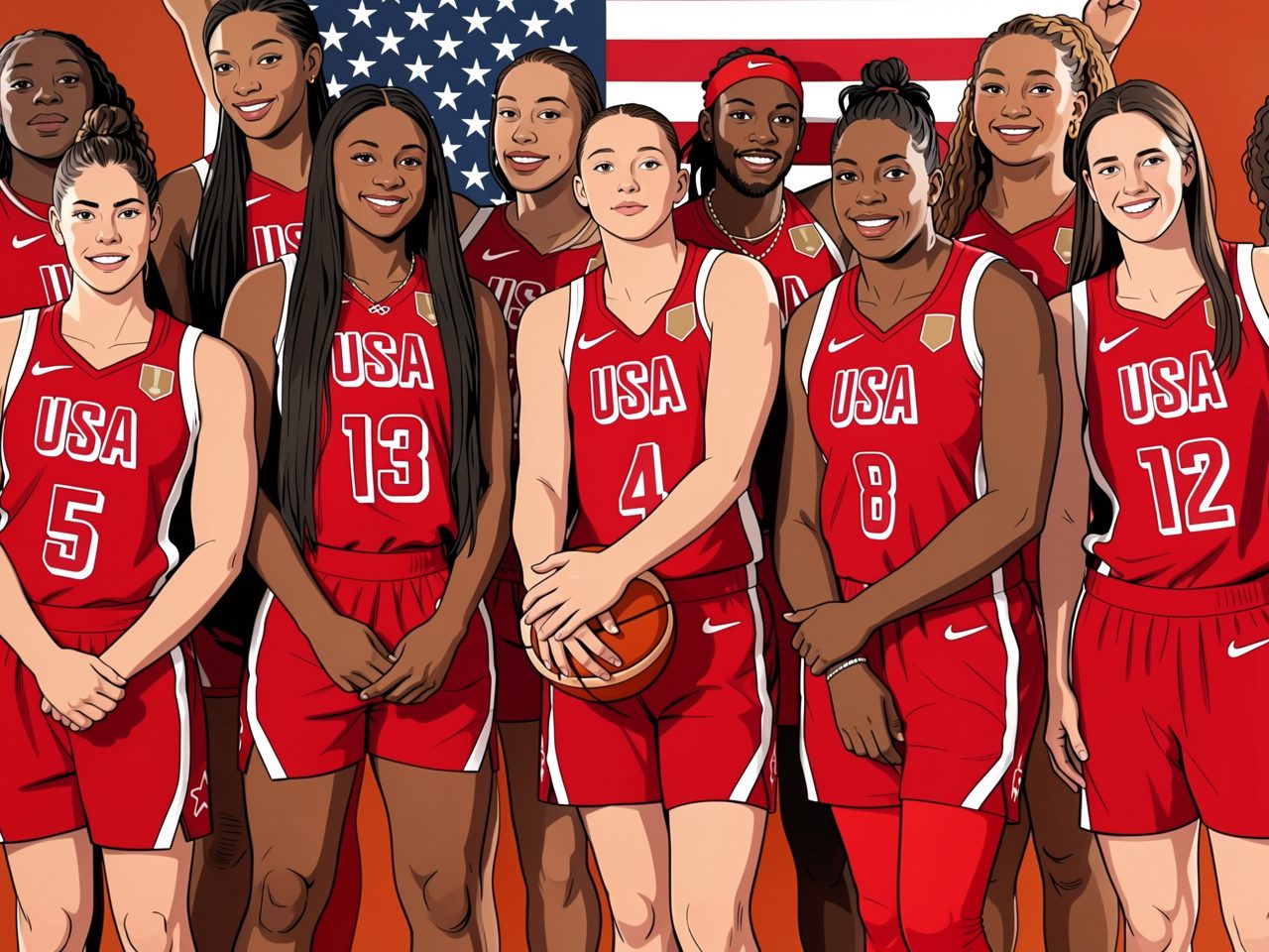 USA women's basketball team in red uniforms with numbers 5, 13, 4, 8, 12. One player holds a ball. American flag behind.