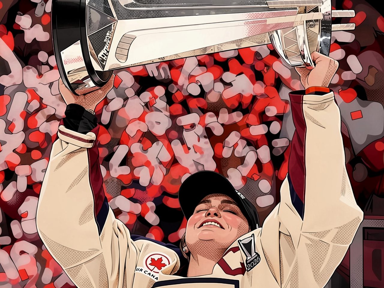 A female hockey player in white with a maple leaf raises the Walter Cup above her head amid confetti