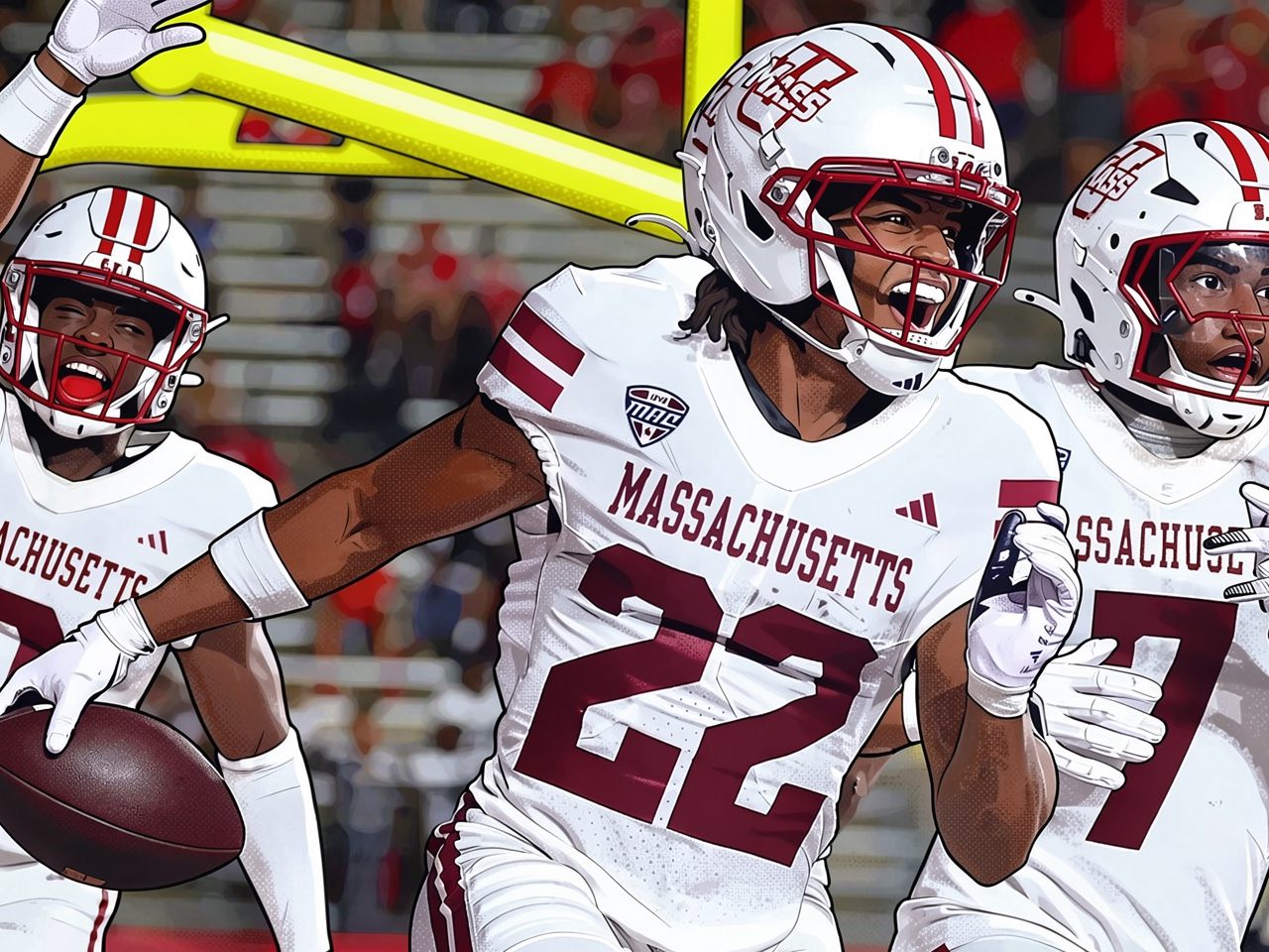 Three Massachusetts players in white celebrate near the yellow goalpost