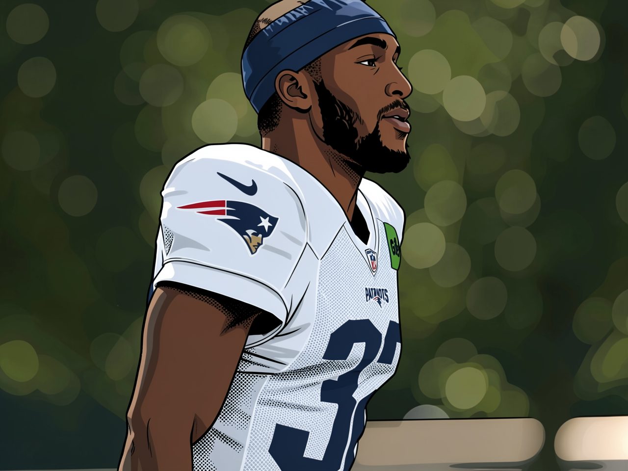 A Patriots player in a white jersey with number 31 and a blue headband stands against a background of blurred lights