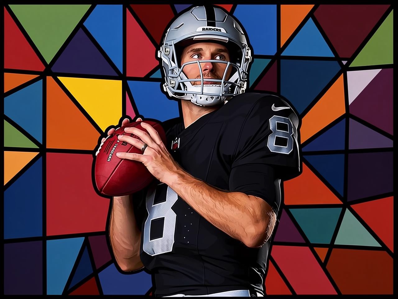 Quarterback in black jersey number 8 with Raiders helmet holds a football against a colorful geometric background
