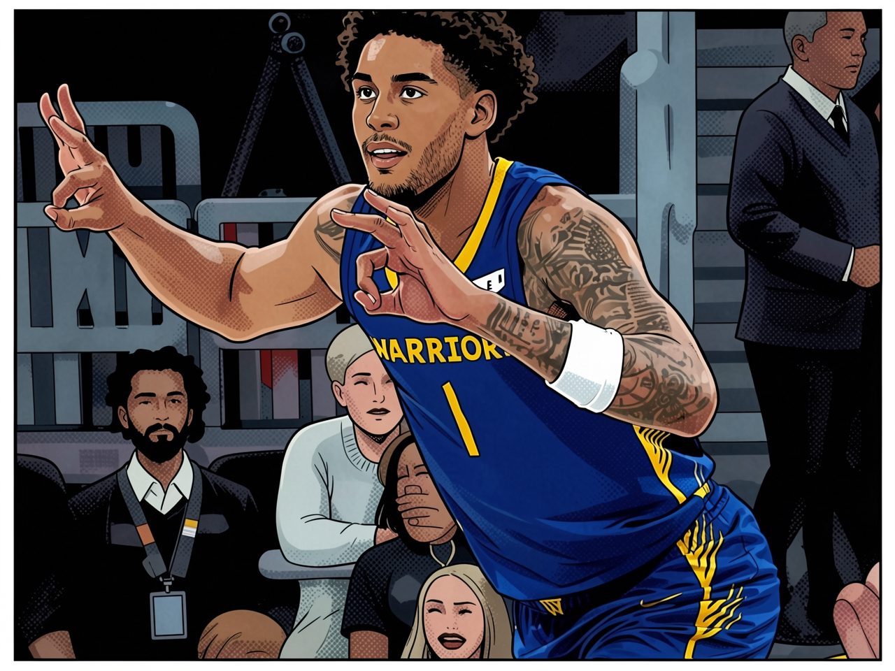 Basketball player in blue Warriors jersey number 1 makes hand gestures in front of spectators