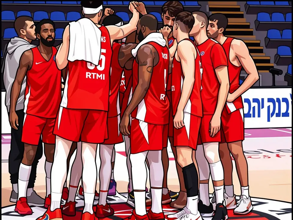 Hapoel Jerusalem players in red kits huddle on the court during a timeout
