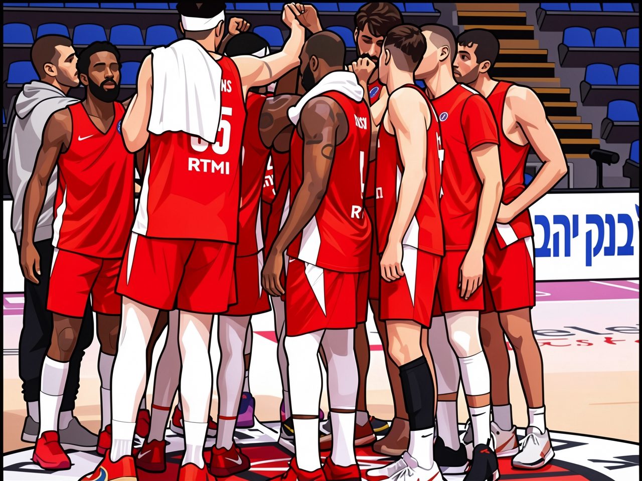 Basketball players in red uniforms stand in a circle on the court, one with a towel on his shoulder