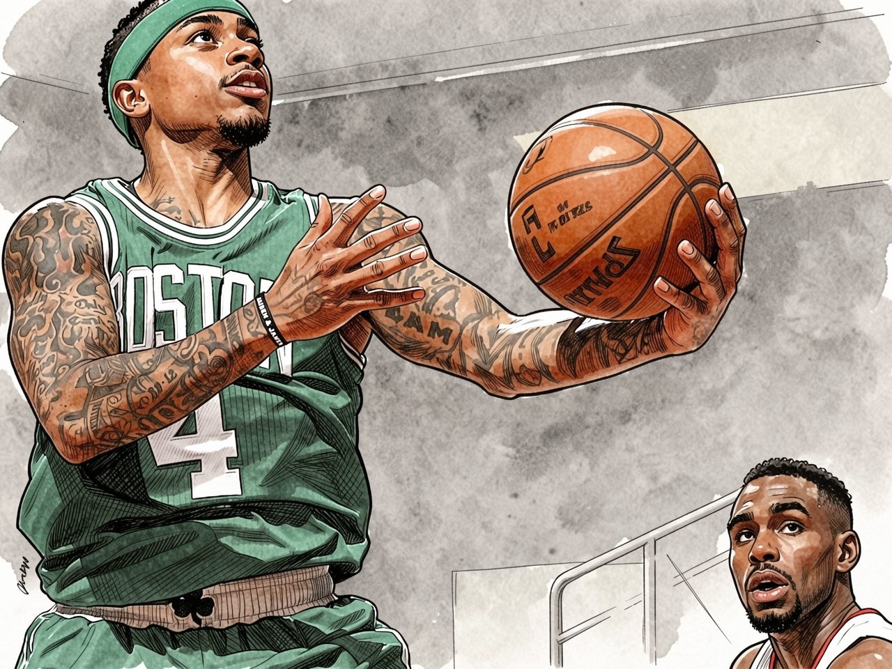 A basketball player in a green Boston jersey with number 4 holds the ball while being guarded