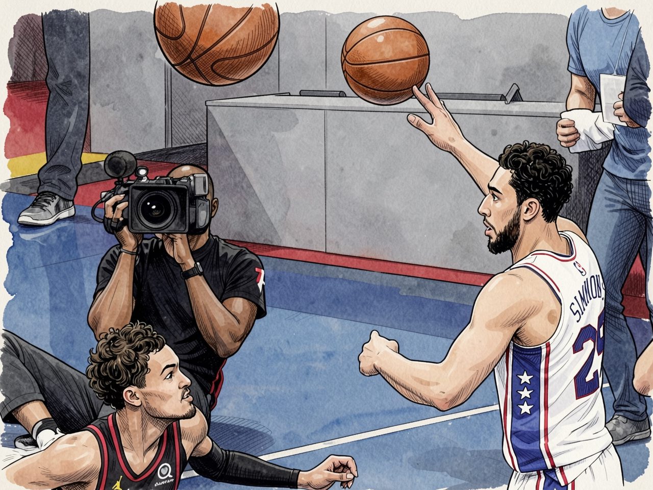 Ben Simmons in white jersey number 25 passes the ball while Trae Young lies on the court, a cameraman films