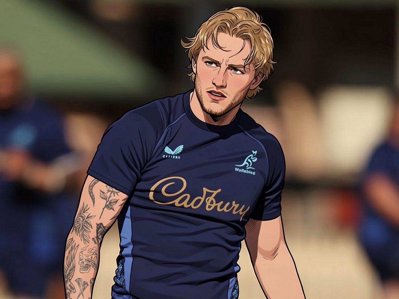 Rugby player in blue Wallabies kit with arm tattoos