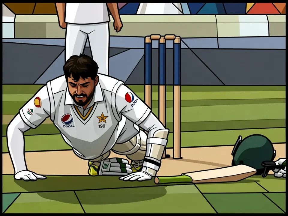 Azhar Ali in Pakistan's white kit falls to the ground after a miss, bat and helmet beside him