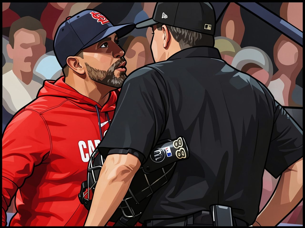 A coach in a red hoodie argues with an umpire in black