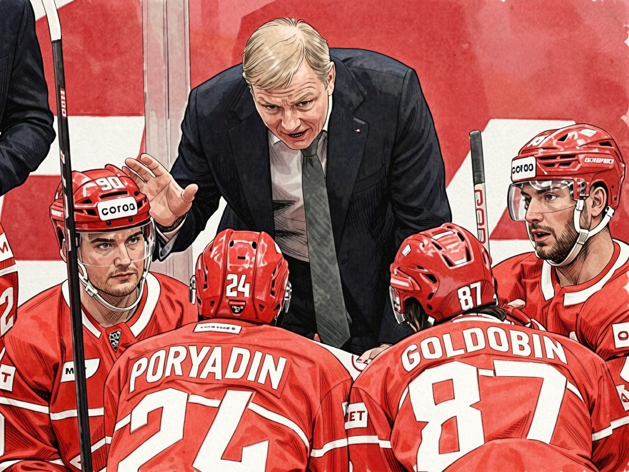 A coach in a dark suit talks to hockey players in red jerseys on the ice