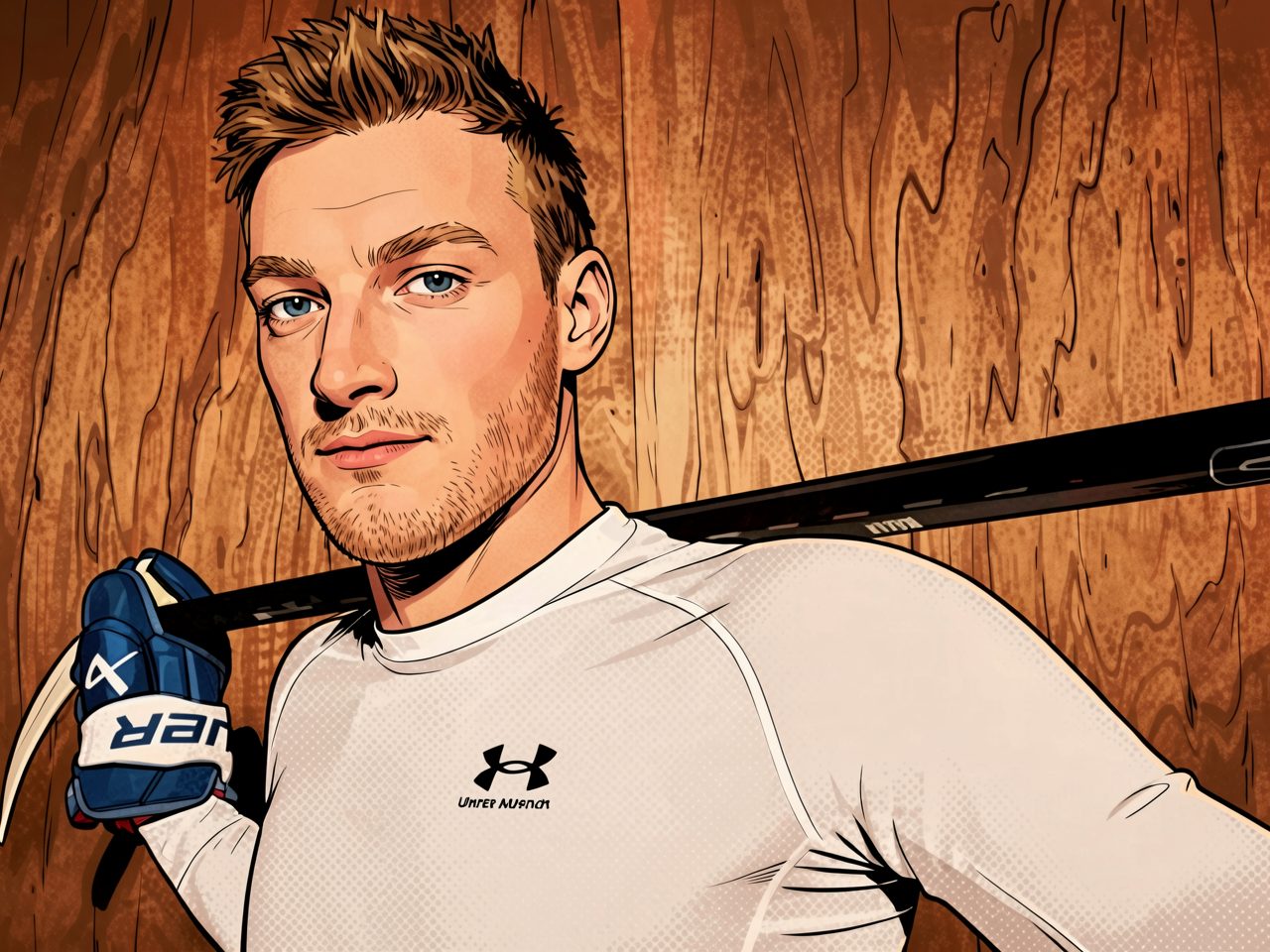Portrait of a hockey player in a white shirt holding a stick across his shoulders.