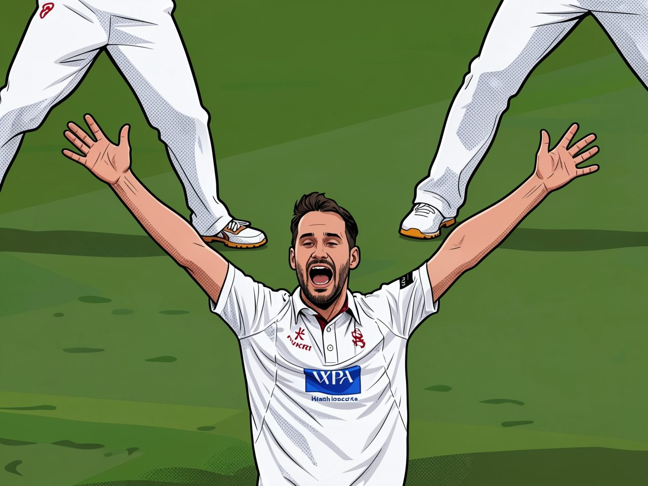 A cricketer in white raises his arms in celebration on a green pitch.