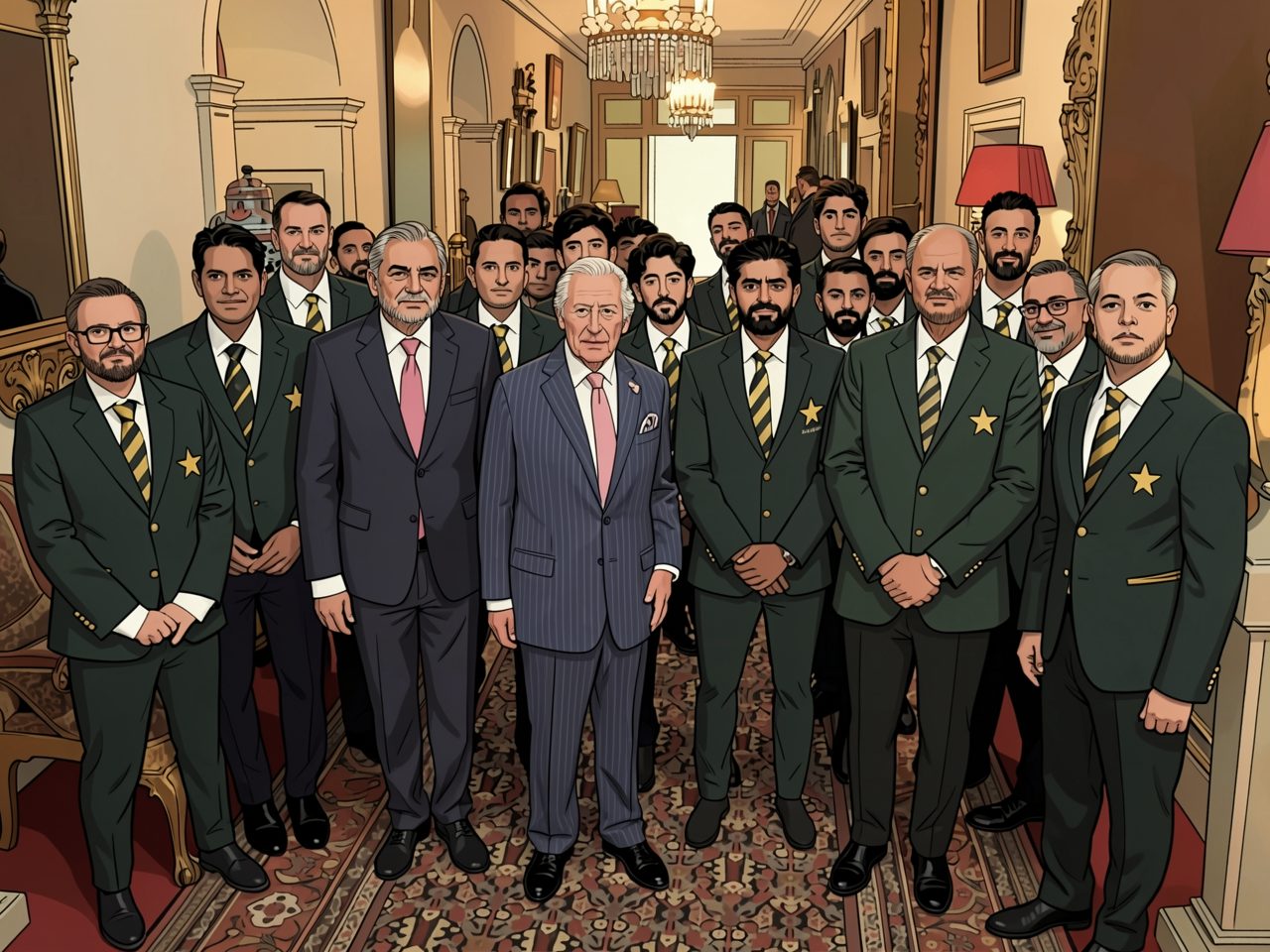 Group photo: a man in a blue suit stands in the center before a group of men in green blazers with yellow stars in a grand hallway.