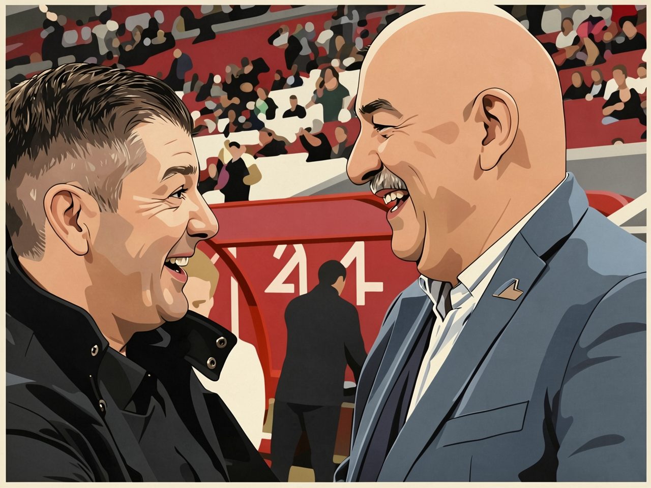 Two coaches laughing on a football pitch in front of stadium stands