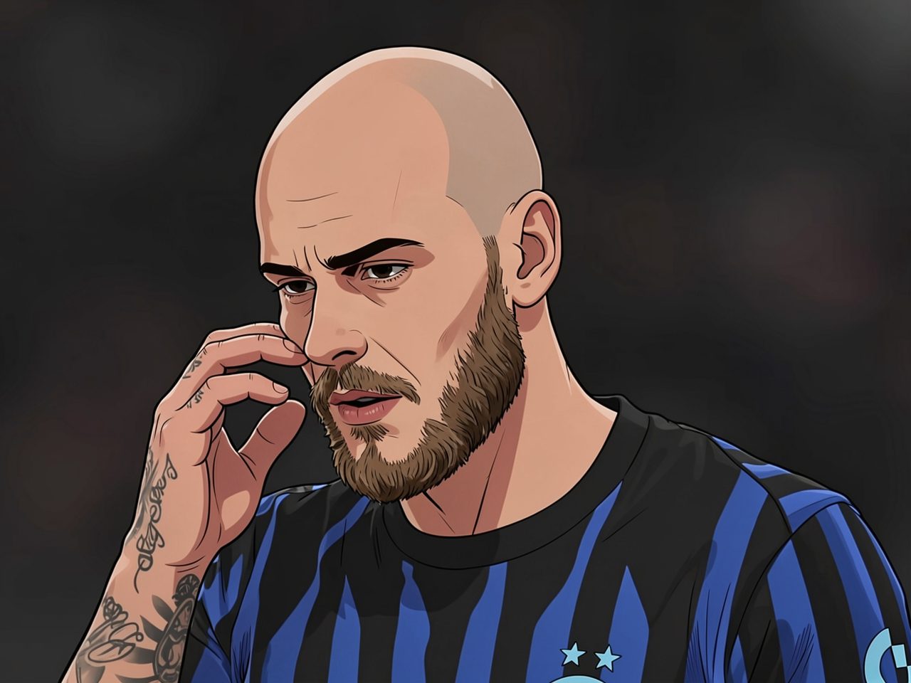 A bald football player in a blue and black striped jersey wipes his face with his tattooed hand.