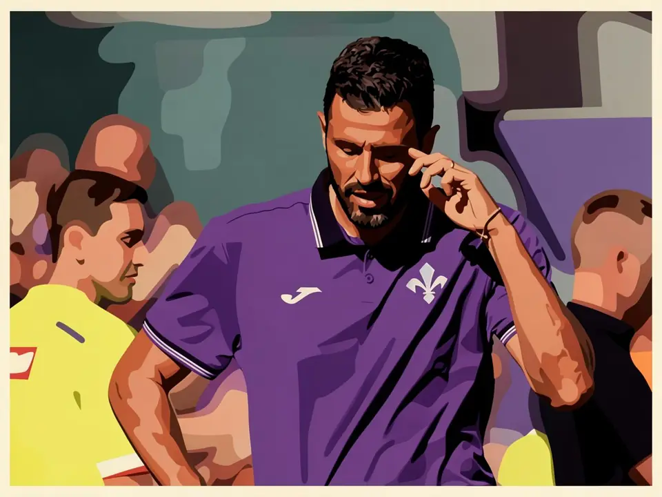 Paolo Vanoli in Fiorentina's purple training kit with the lily crest, talking on his phone at the stadium