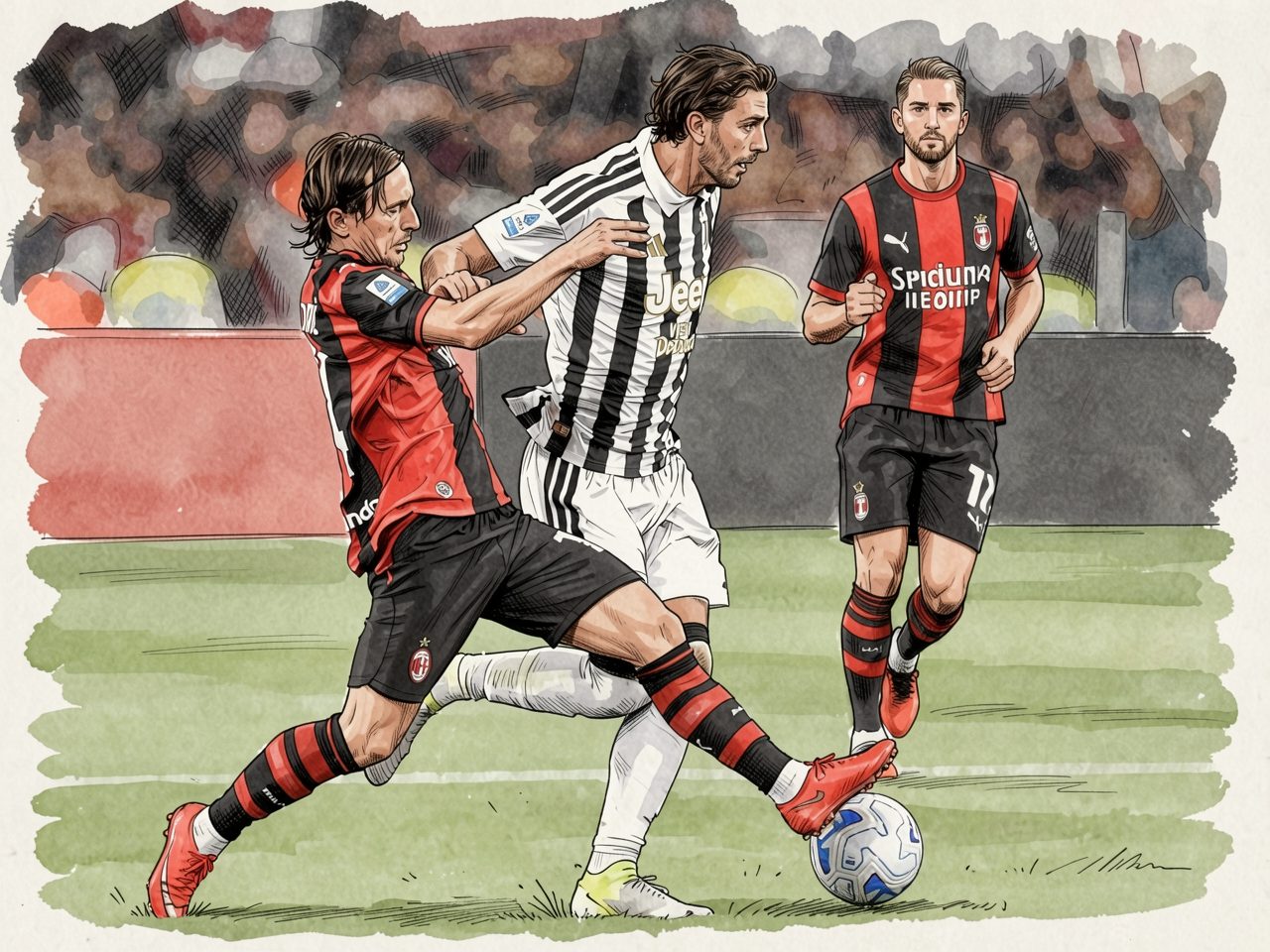 Football players in red and black kits challenge a player in black and white stripes for the ball on the pitch.