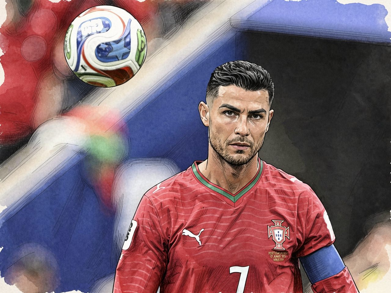 A football player in a red kit with a captain's armband looks at a ball in the air