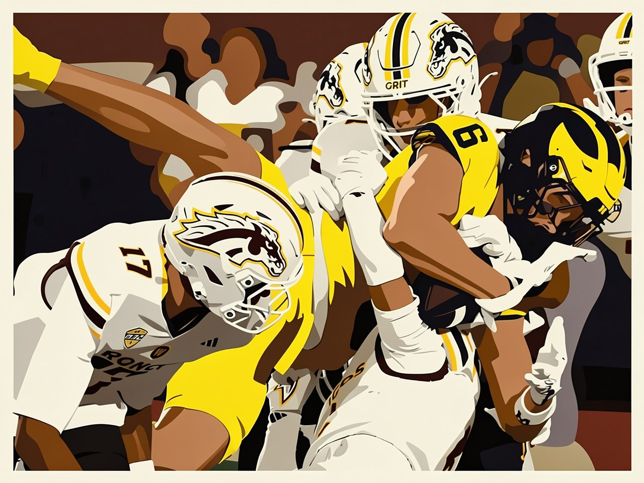 A football player in yellow is tackled by two opponents in white.