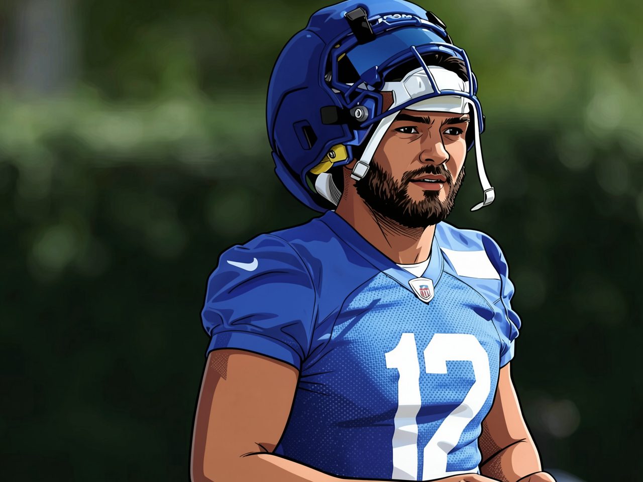 A football player in a blue jersey and helmet with the number 12.