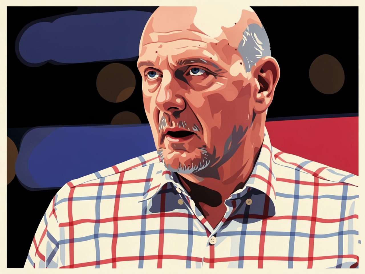 Portrait of a bald man in a plaid shirt at a basketball arena.