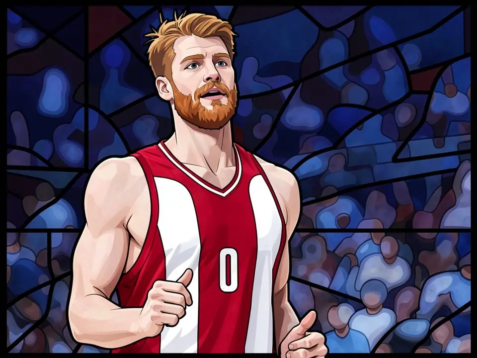 Basketballspieler in rot-weißem Trikot mit Nummer 0 zeigt zwei Daumen vor verschwommenem Publikum