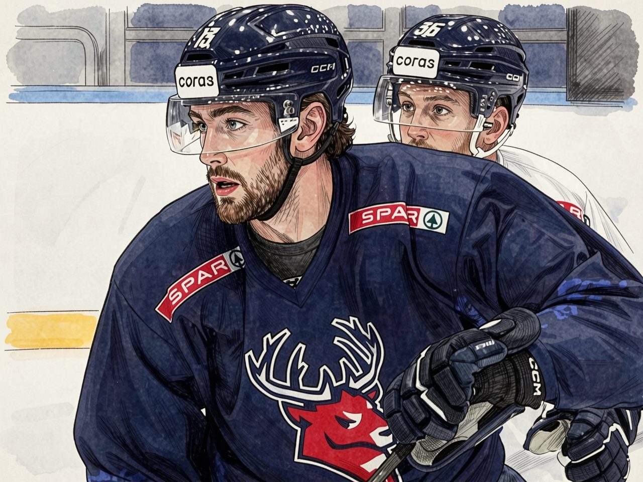 Two hockey players on the ice. One in a blue jersey with a deer logo.