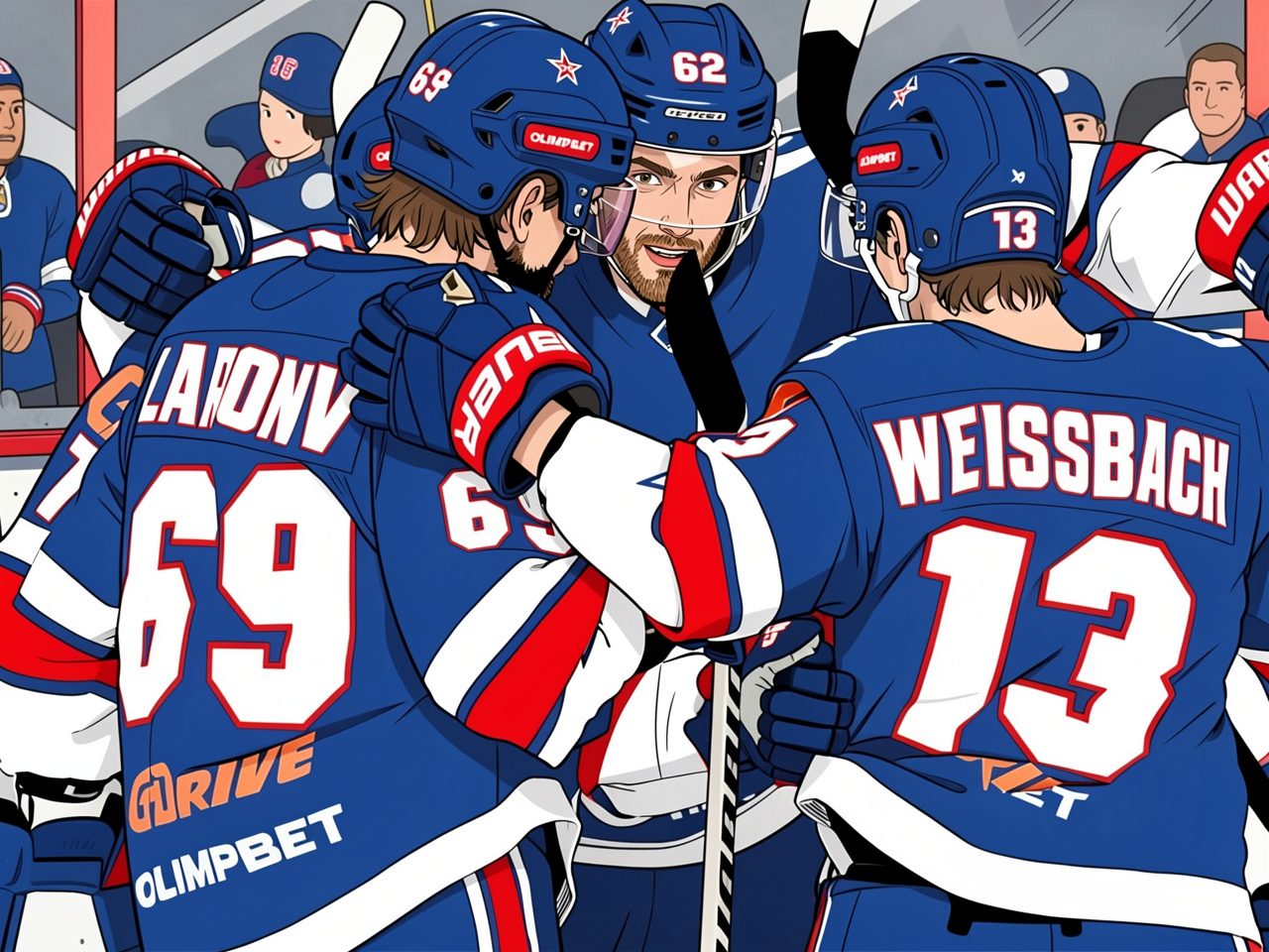 Hockey players in blue jerseys celebrate on the ice