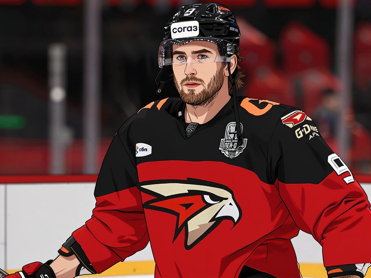 A bearded hockey player in a red and black jersey stands on the ice.