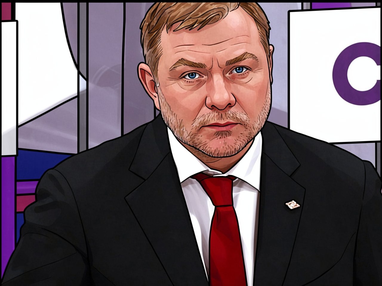 Portrait of a man in a business suit and red tie against a glass wall background.