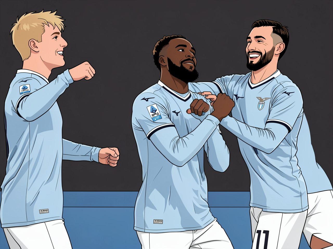 Three football players in light blue kits celebrating a goal on the pitch