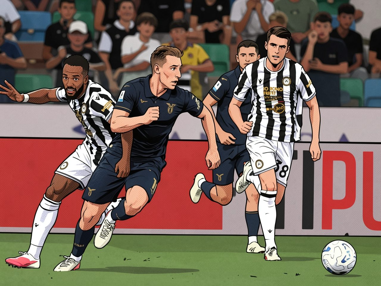 Football players in striped and blue kits running on the pitch during a match
