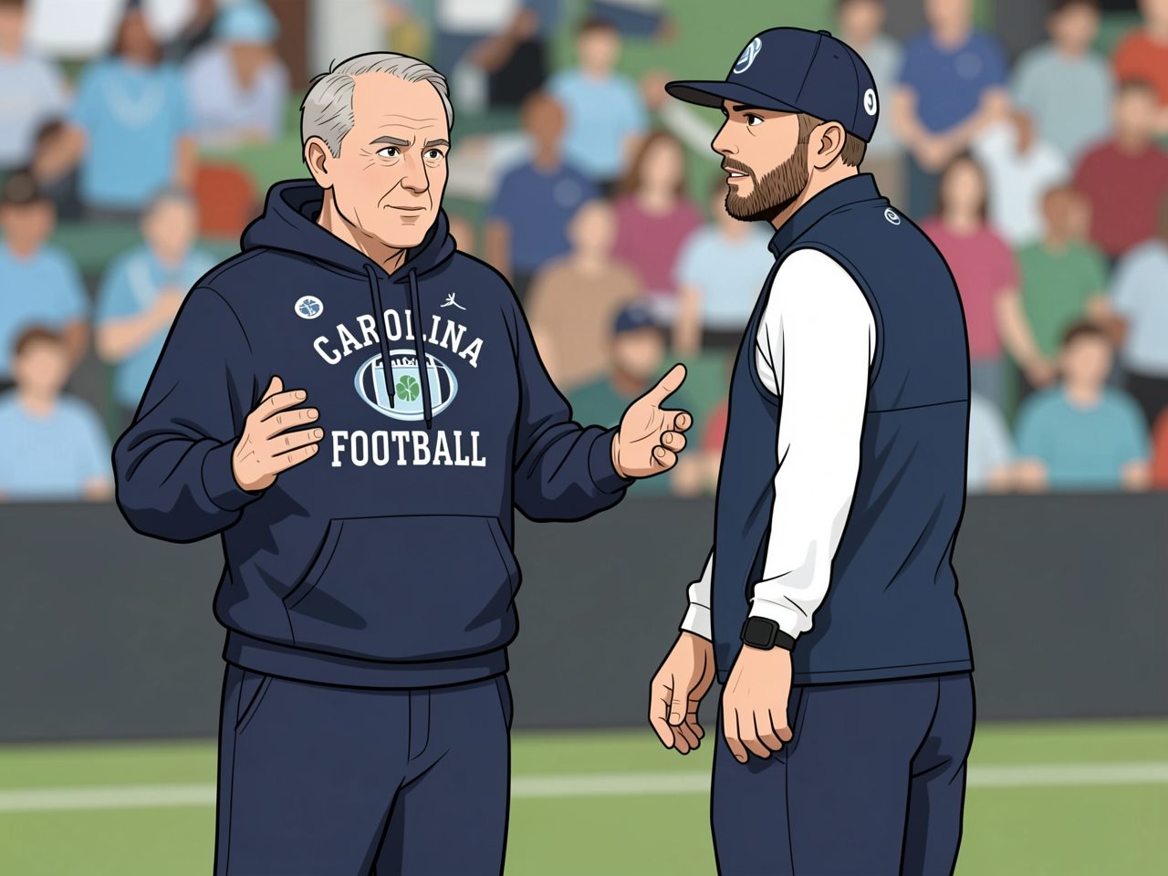 Two coaches in blue kits talking on a football pitch