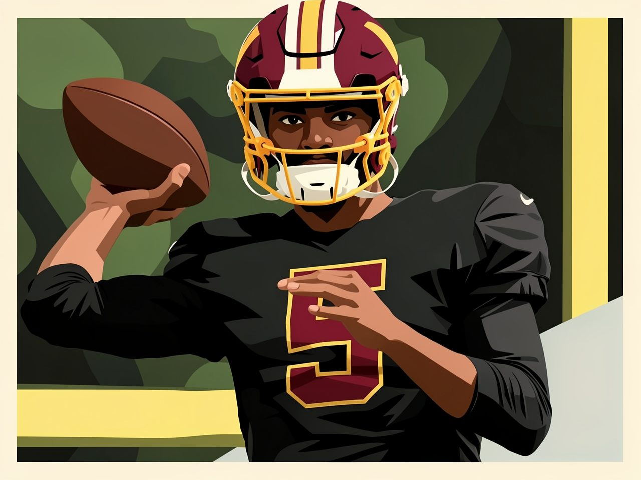 An American football player in a black jersey with number 5 prepares to throw a ball during practice.