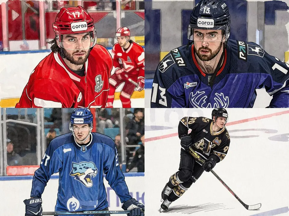 Vier Eishockeyspieler in Illustration: einer in rotem Trikot #17, dunkelblau #13, blau mit Panther #17 und schwarz-gold #9