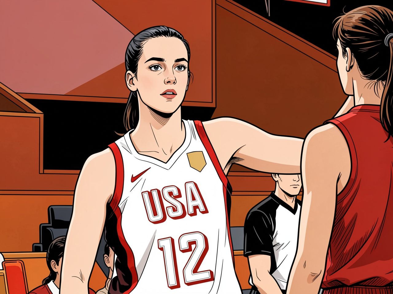 A USA women's basketball player in a white jersey with number 12 points upward during a match