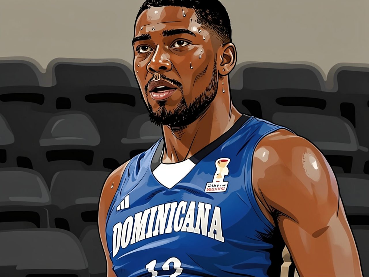 Basketball player in a blue jersey, medium close-up portrait.