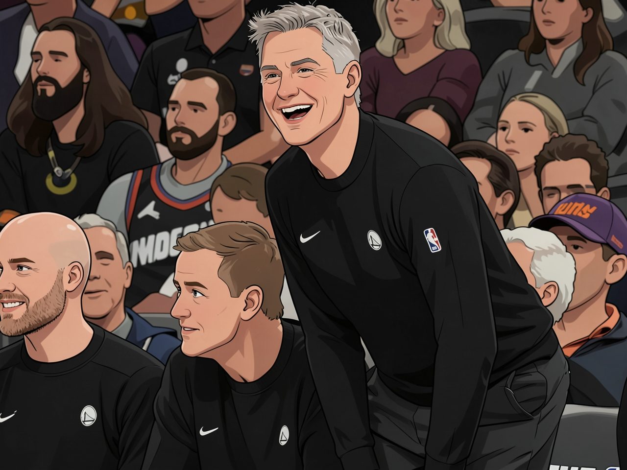 A coach in a black top laughs while leaning forward on the sidelines.