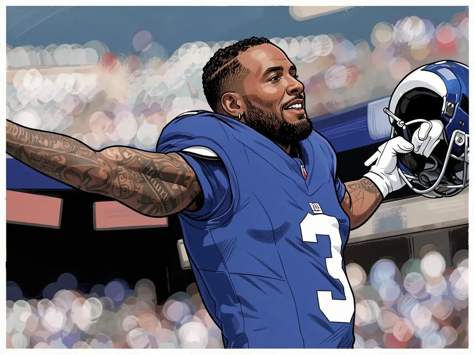 Malik Nabers im blauen Giants-Trikot mit Nummer 3 hält seinen Helm und lächelt im Stadion