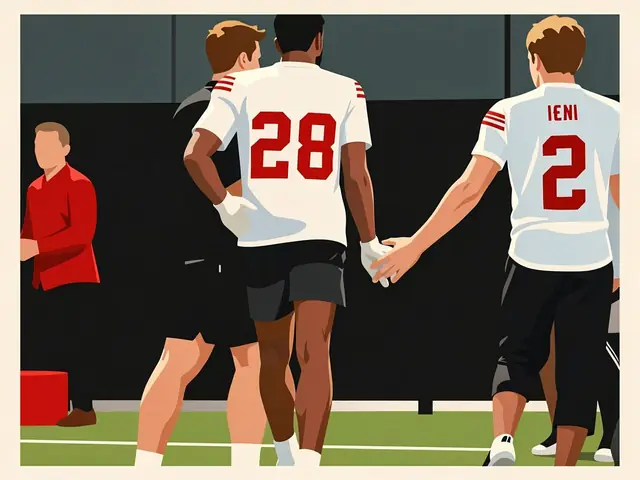 Игроки 49ers на тренировке в Мельбурне, вид со спины
