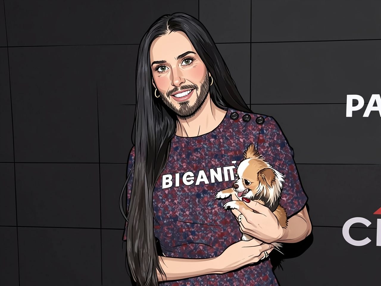 A woman with long dark hair holds a small dog in front of a branded backdrop.