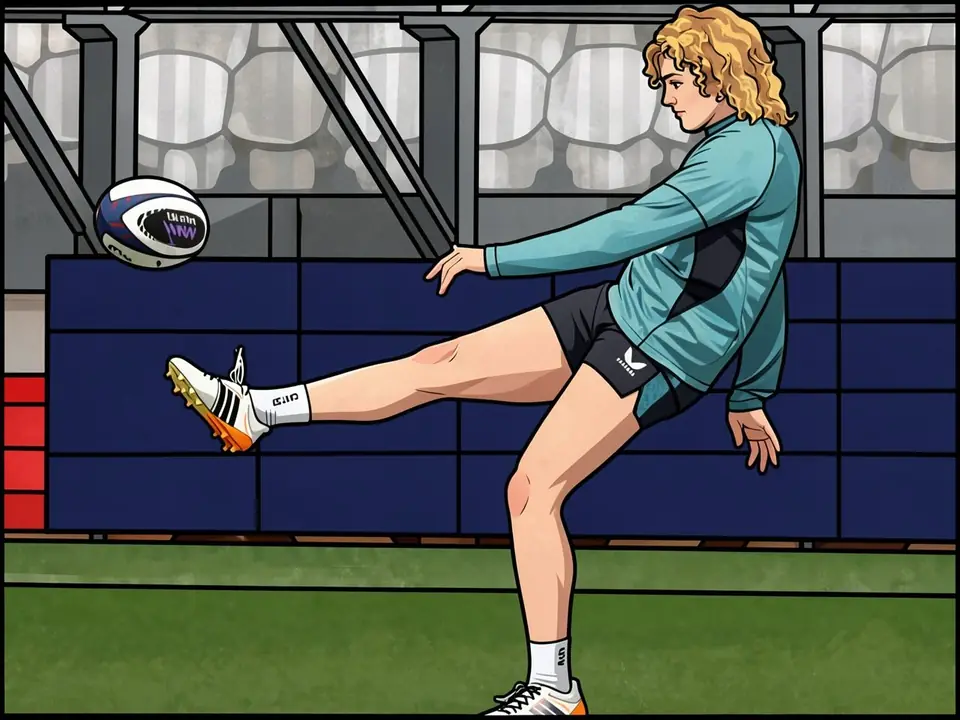 A female rugby player in teal kit kicks a ball on a stadium pitch